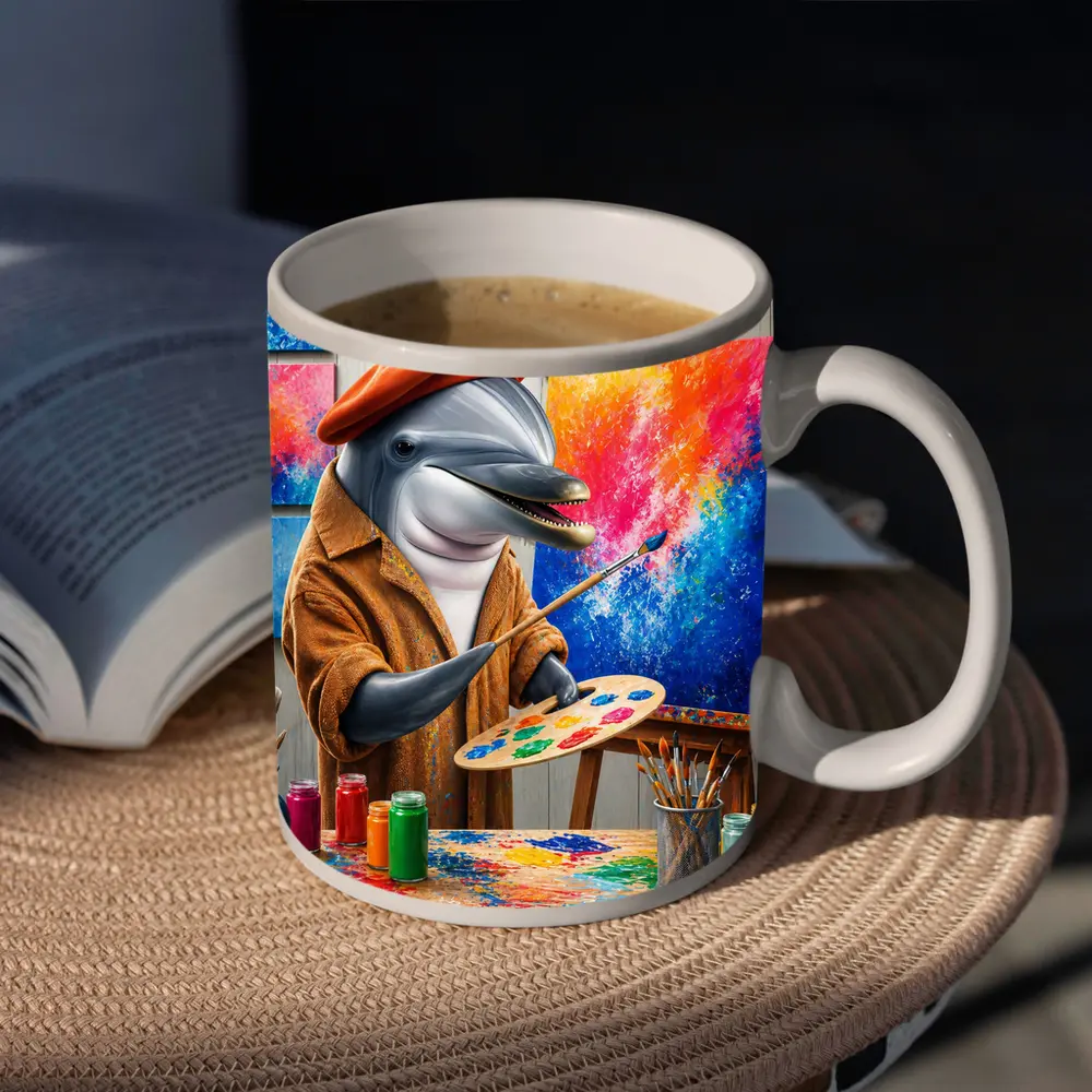 Dolphin Artist Painting in Colorful Studio – Mugs