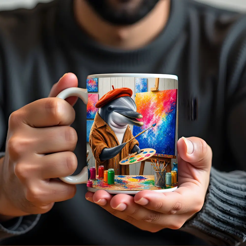 Dolphin Artist Painting in Colorful Studio – Mugs