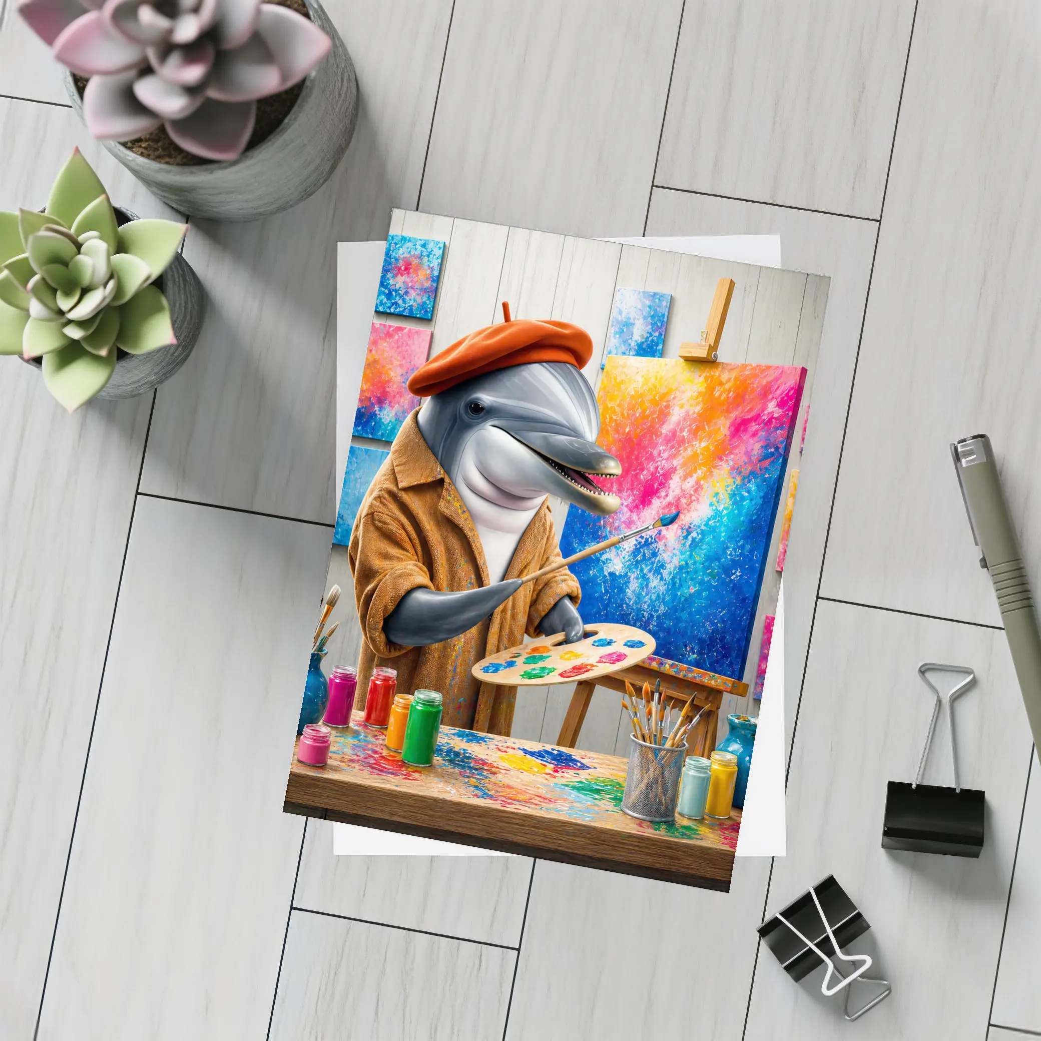 Dolphin Artist Painting in Colorful Studio – Postcards