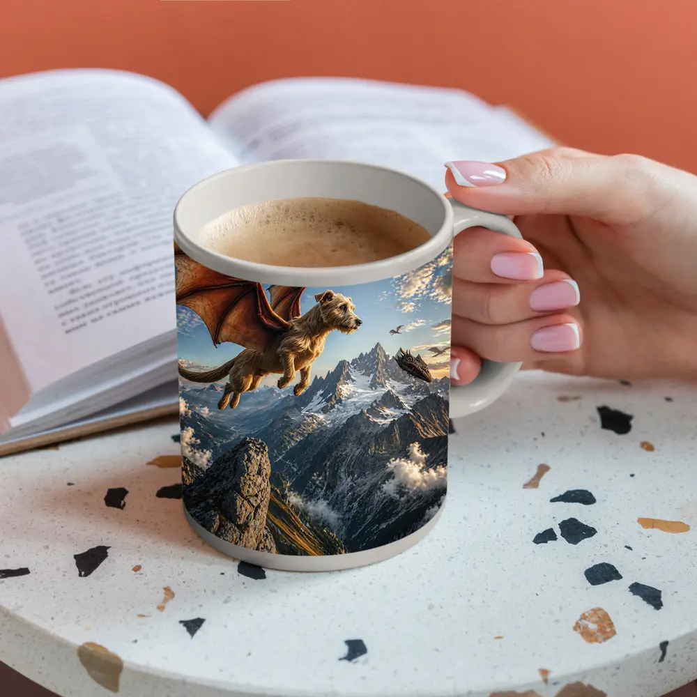Flying Dragon Dog Over Mountain Peaks – Mugs
