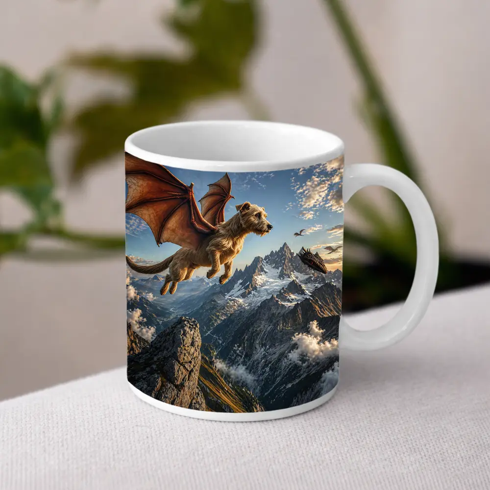 Flying Dragon Dog Over Mountain Peaks – Mugs