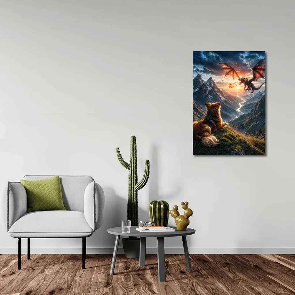 Dog Watching Dragon Over Mountain Valley – Wall Art