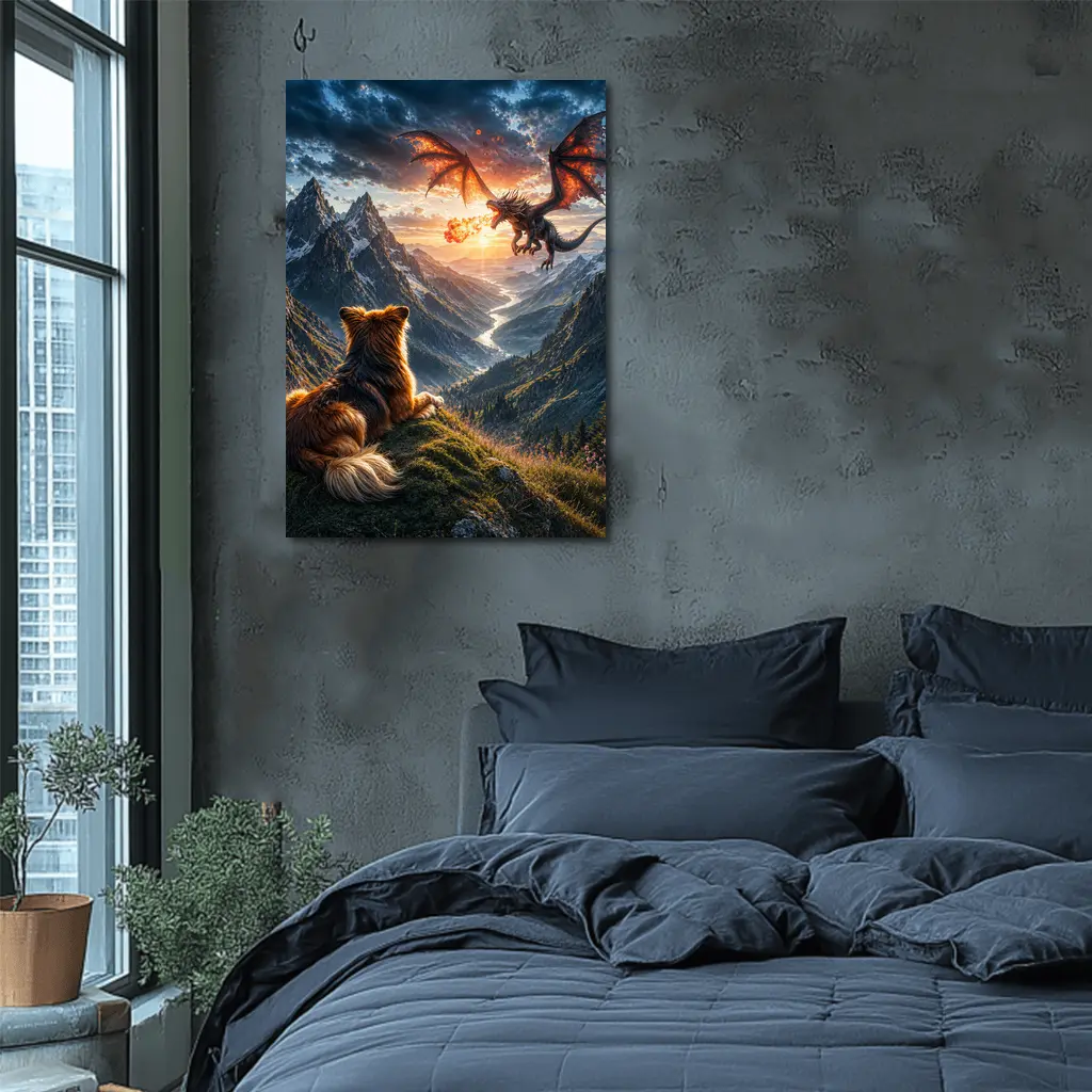 Dog Watching Dragon Over Mountain Valley – Wall Art