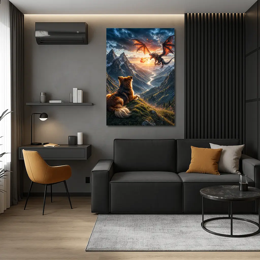 Dog Watching Dragon Over Mountain Valley – Wall Art