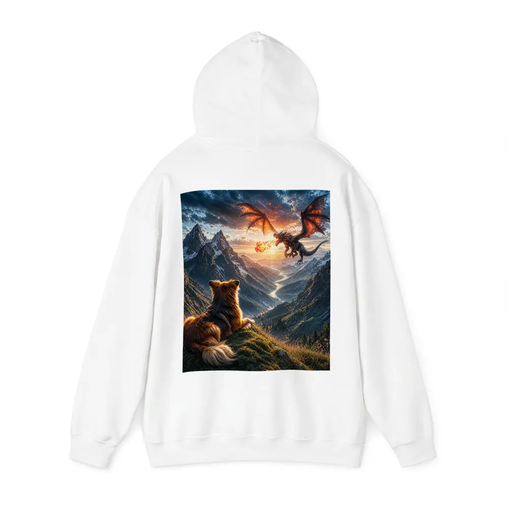 Dog Watching Dragon Over Mountain Valley – Hoodies