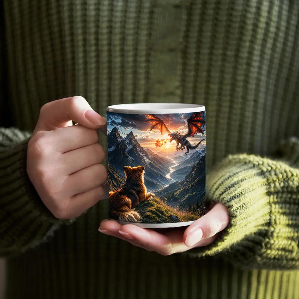 Dog Watching Dragon Over Mountain Valley – Mugs