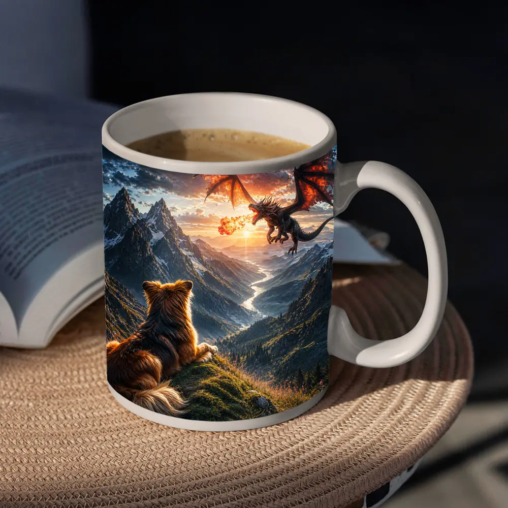 Dog Watching Dragon Over Mountain Valley – Mugs