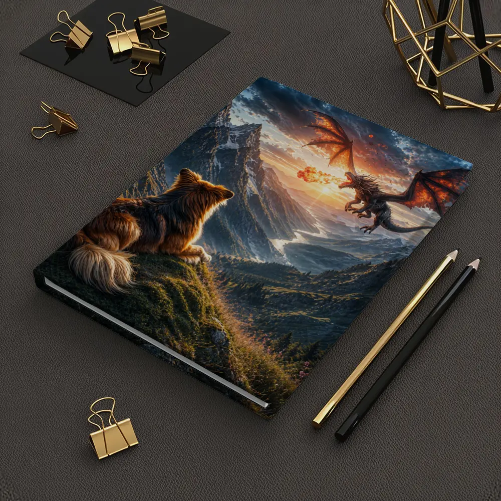 Dog Watching Dragon Over Mountain Valley – Notebooks