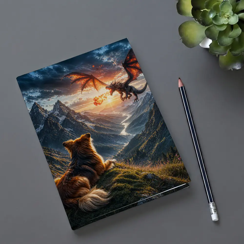 Dog Watching Dragon Over Mountain Valley – Notebooks