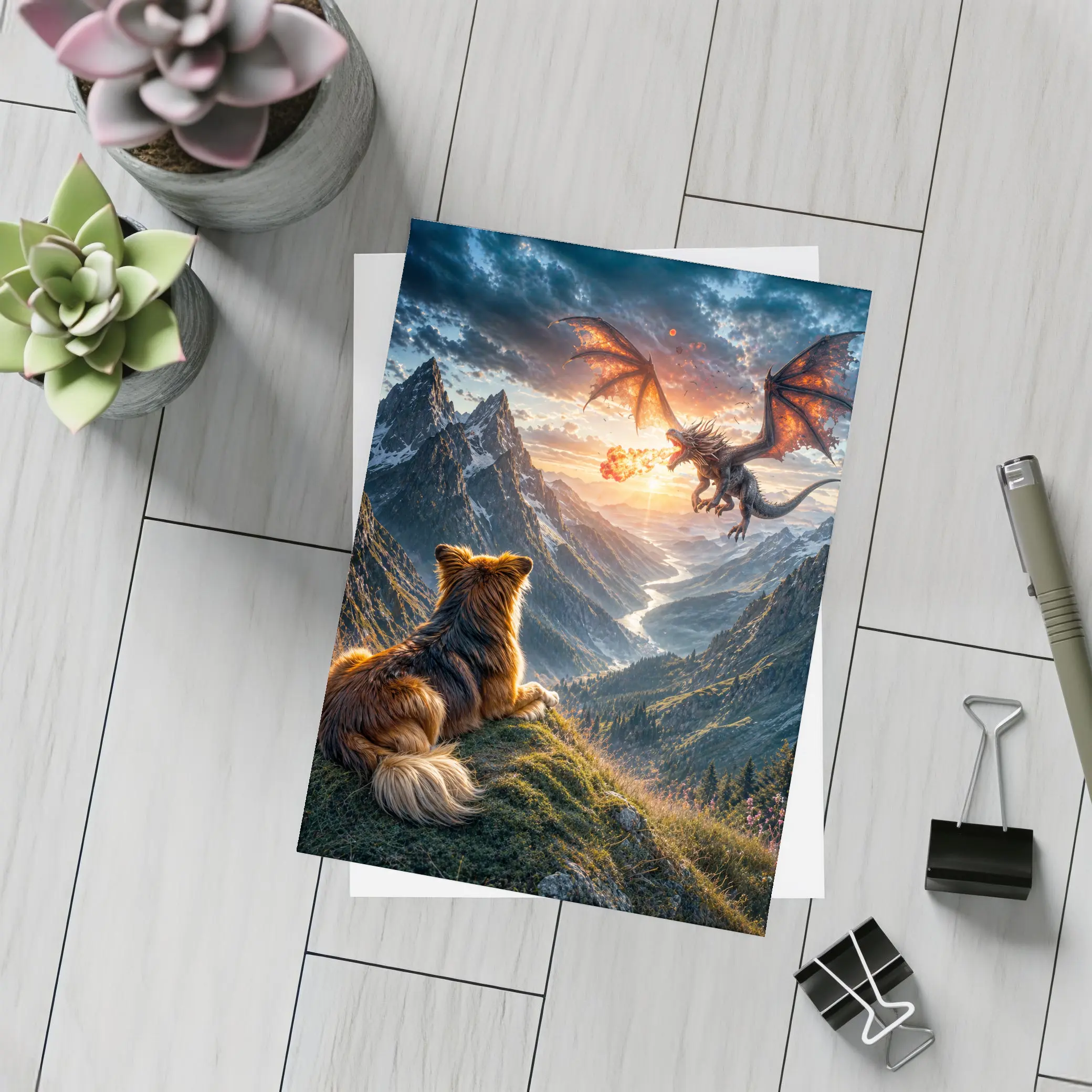 Dog Watching Dragon Over Mountain Valley – Postcards