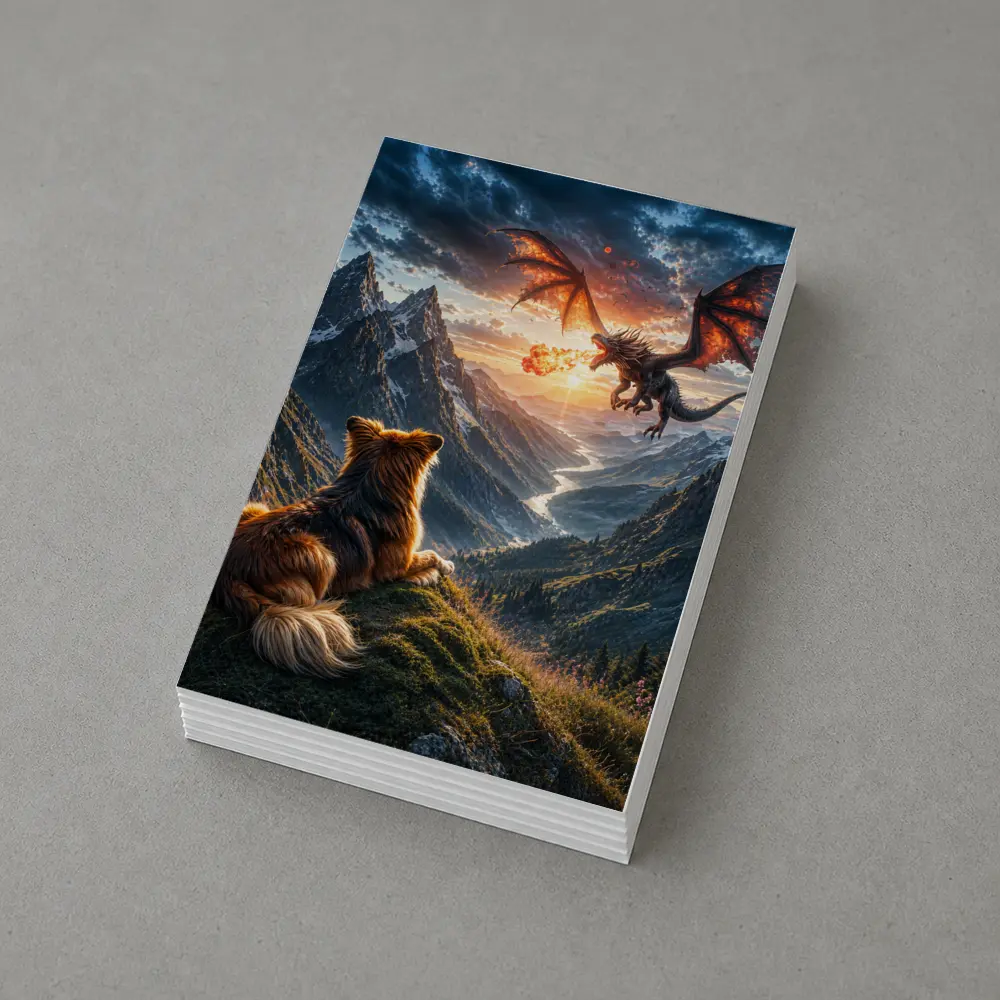 Dog Watching Dragon Over Mountain Valley – Postcards