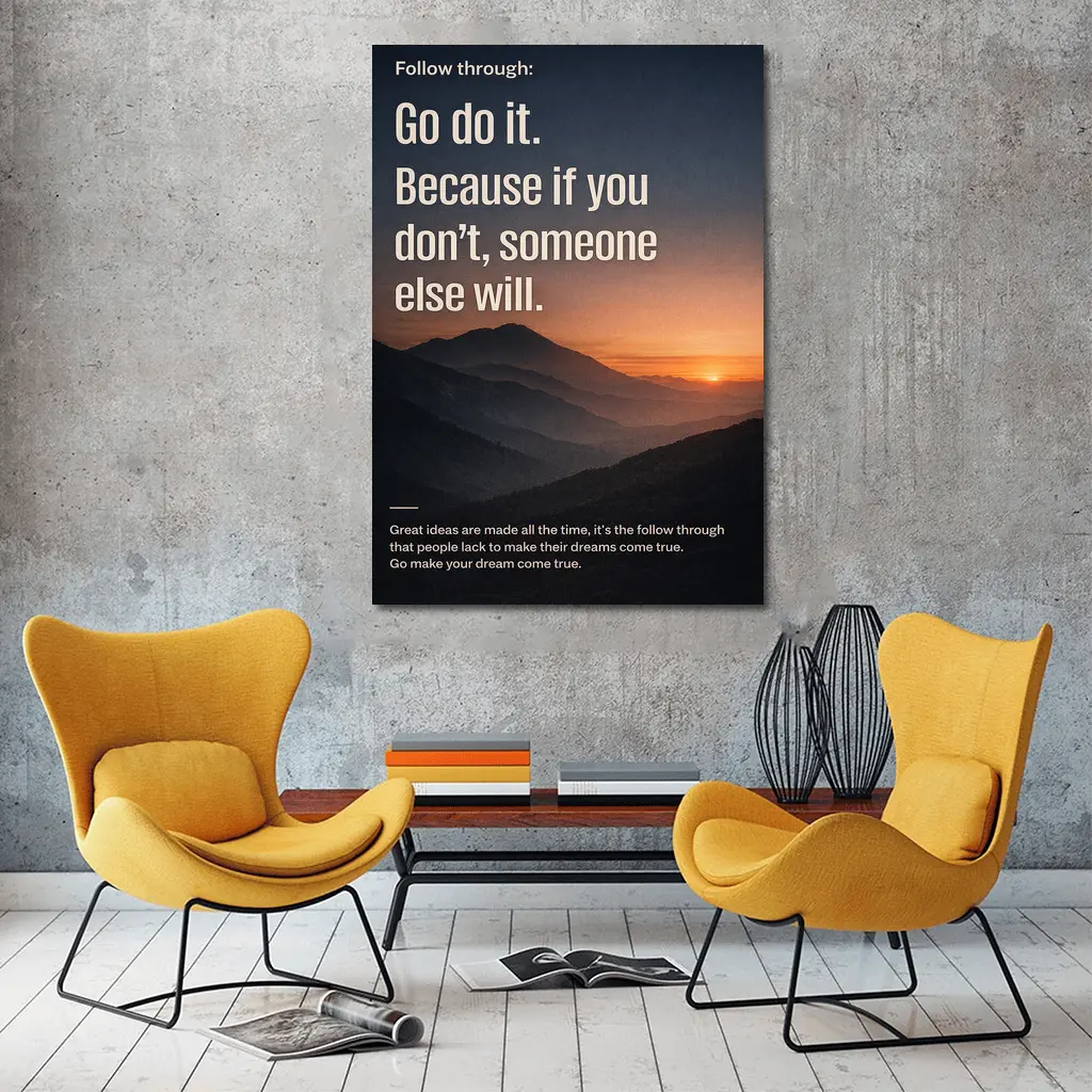 Follow Through Motivational Quote Mountain Sunset – Wall Art