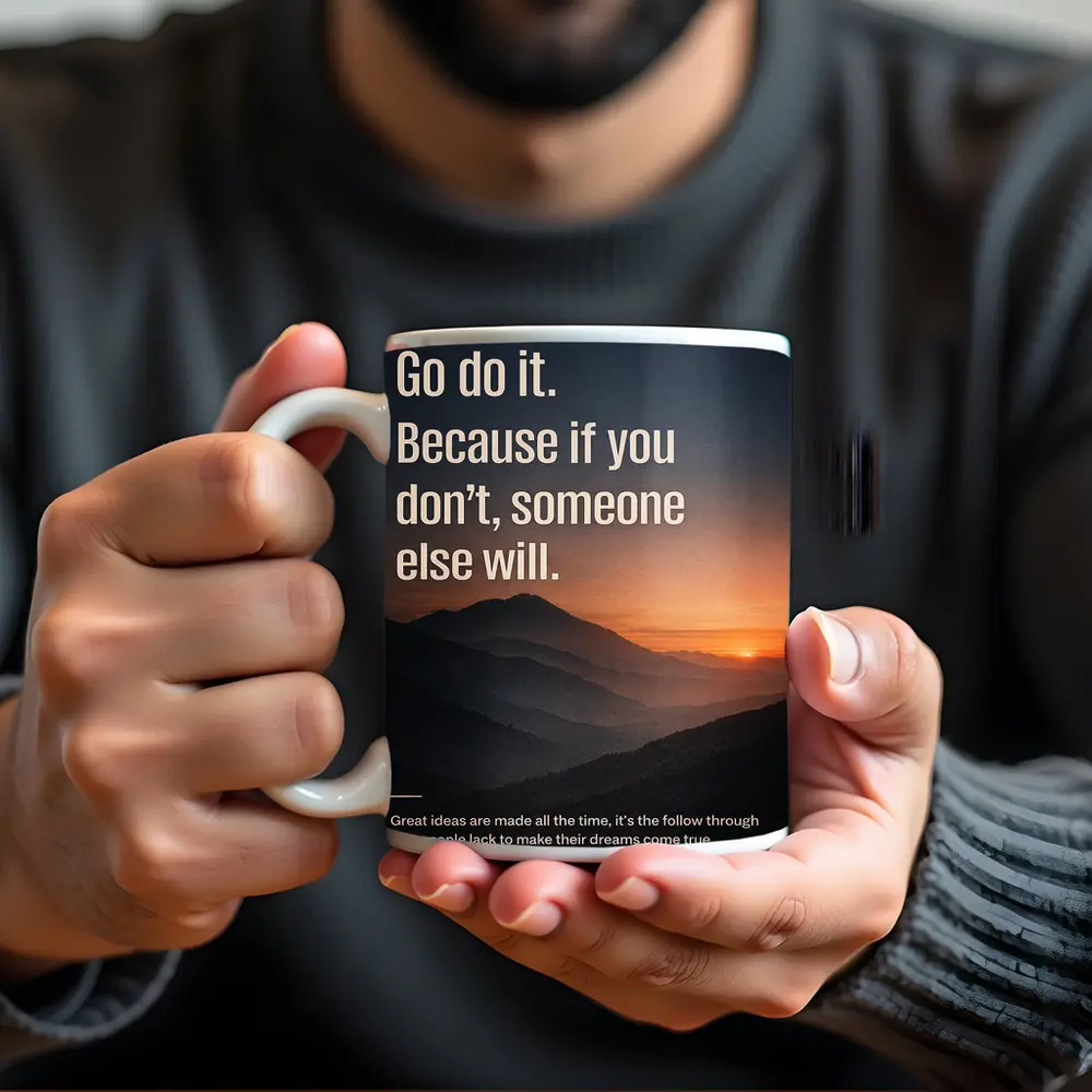 Follow Through Motivational Quote Mountain Sunset – Mugs