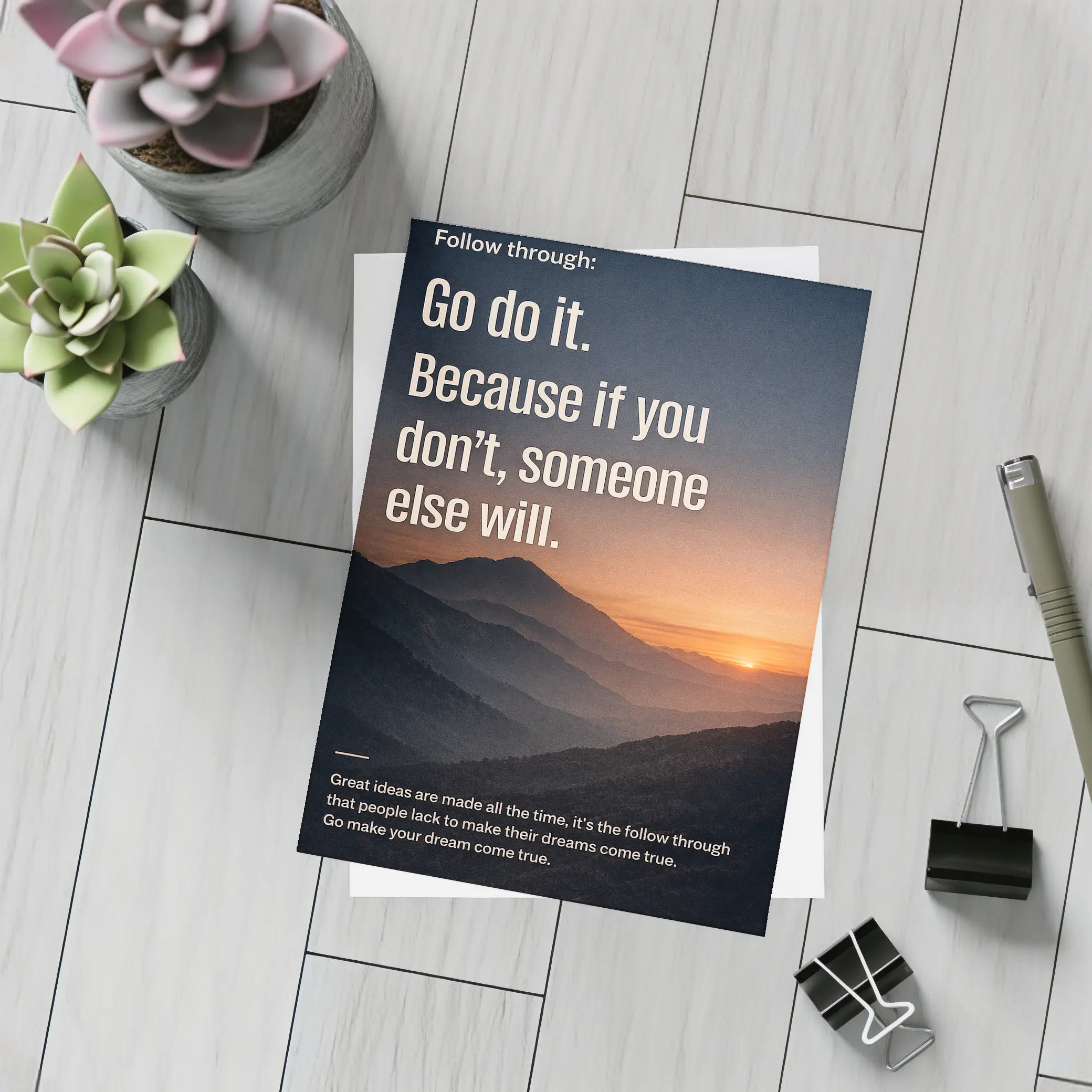 Follow Through Motivational Quote Mountain Sunset – Postcards