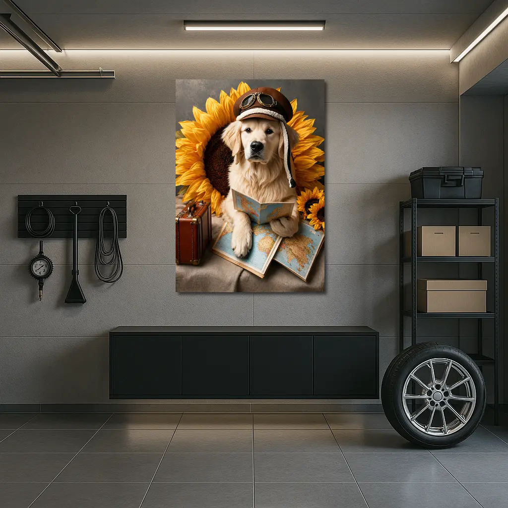 Golden Retriever Traveler With Sunflowers Map – Wall Art
