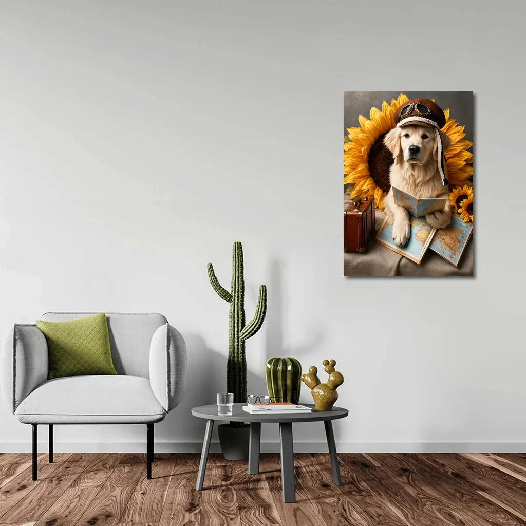 Golden Retriever Traveler With Sunflowers Map – Wall Art