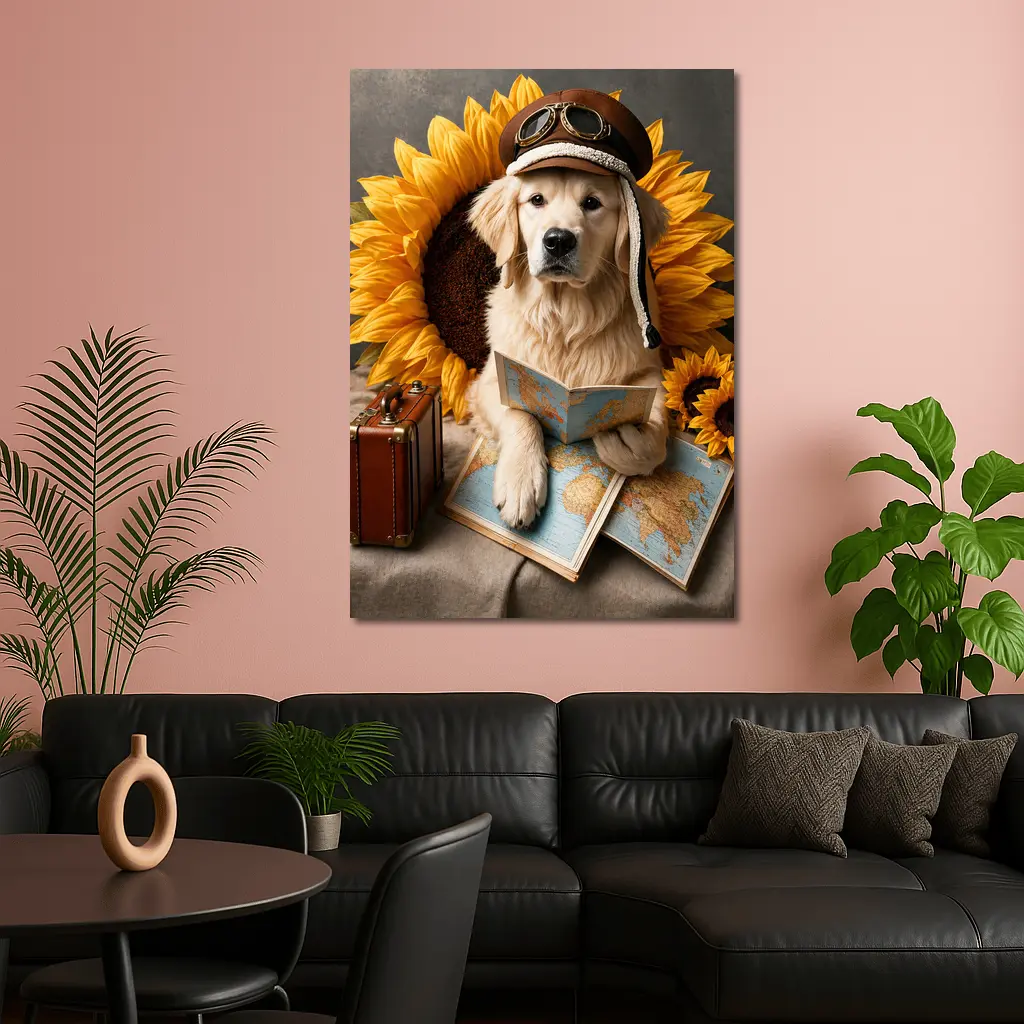 Golden Retriever Traveler With Sunflowers Map – Wall Art