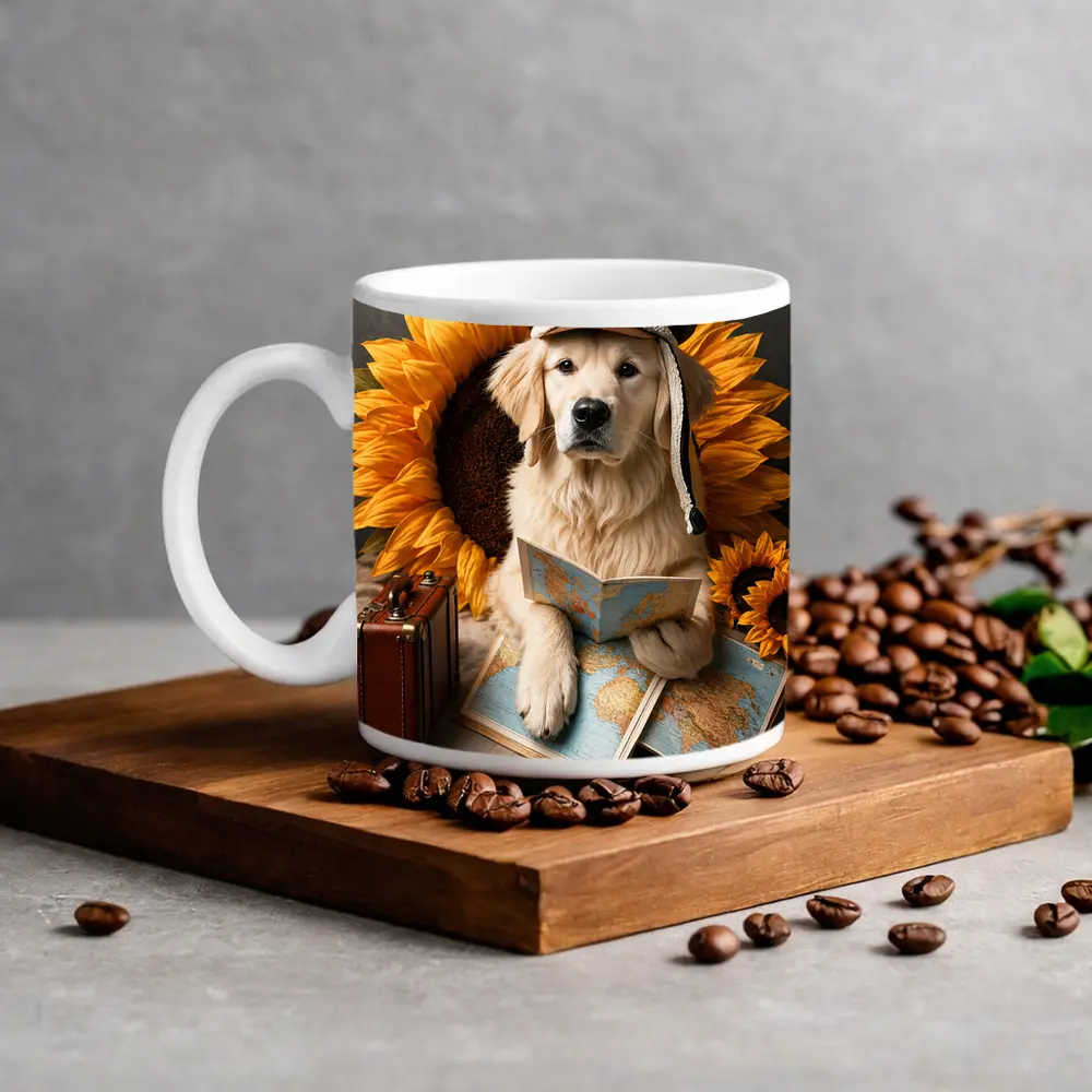 Golden Retriever Traveler With Sunflowers Map – Mugs