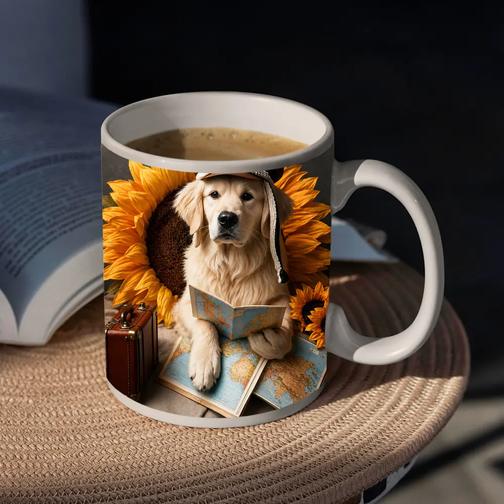 Golden Retriever Traveler With Sunflowers Map – Mugs