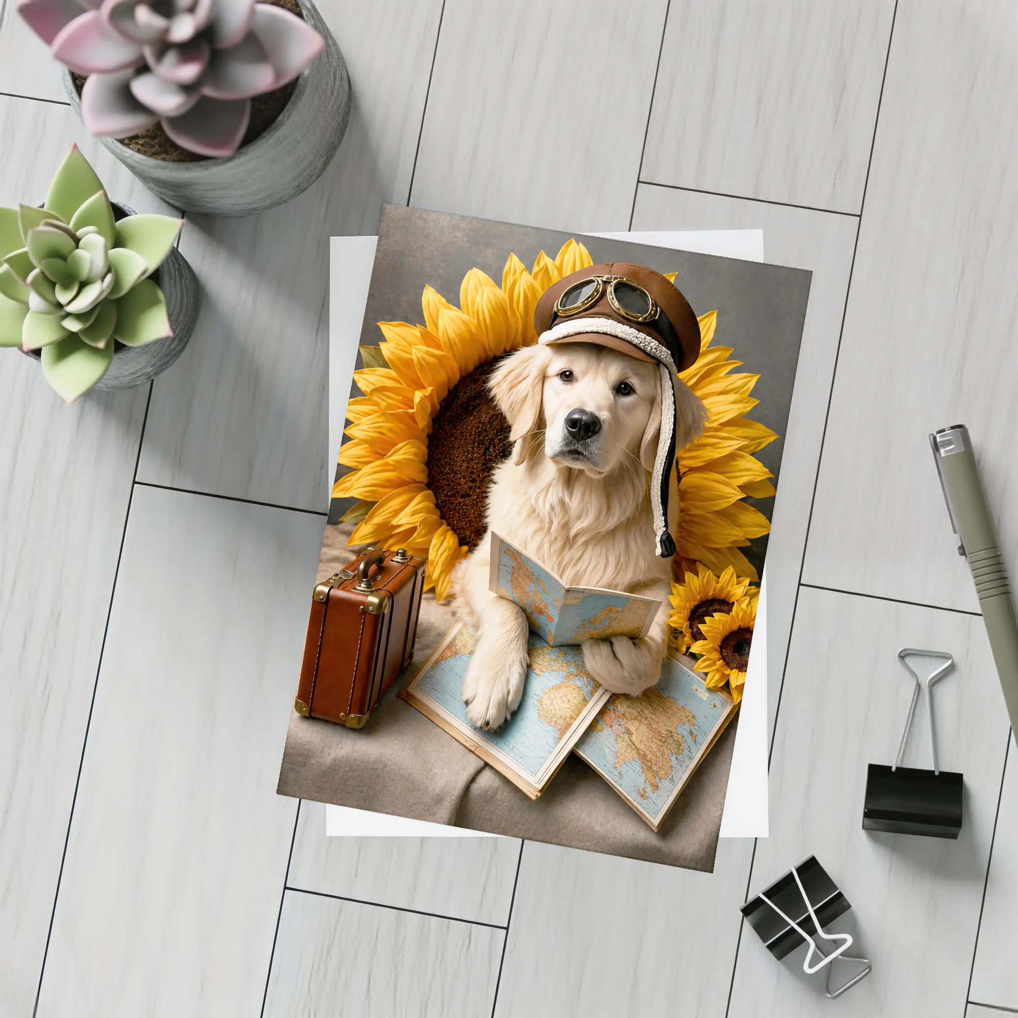 Golden Retriever Traveler With Sunflowers Map – Postcards