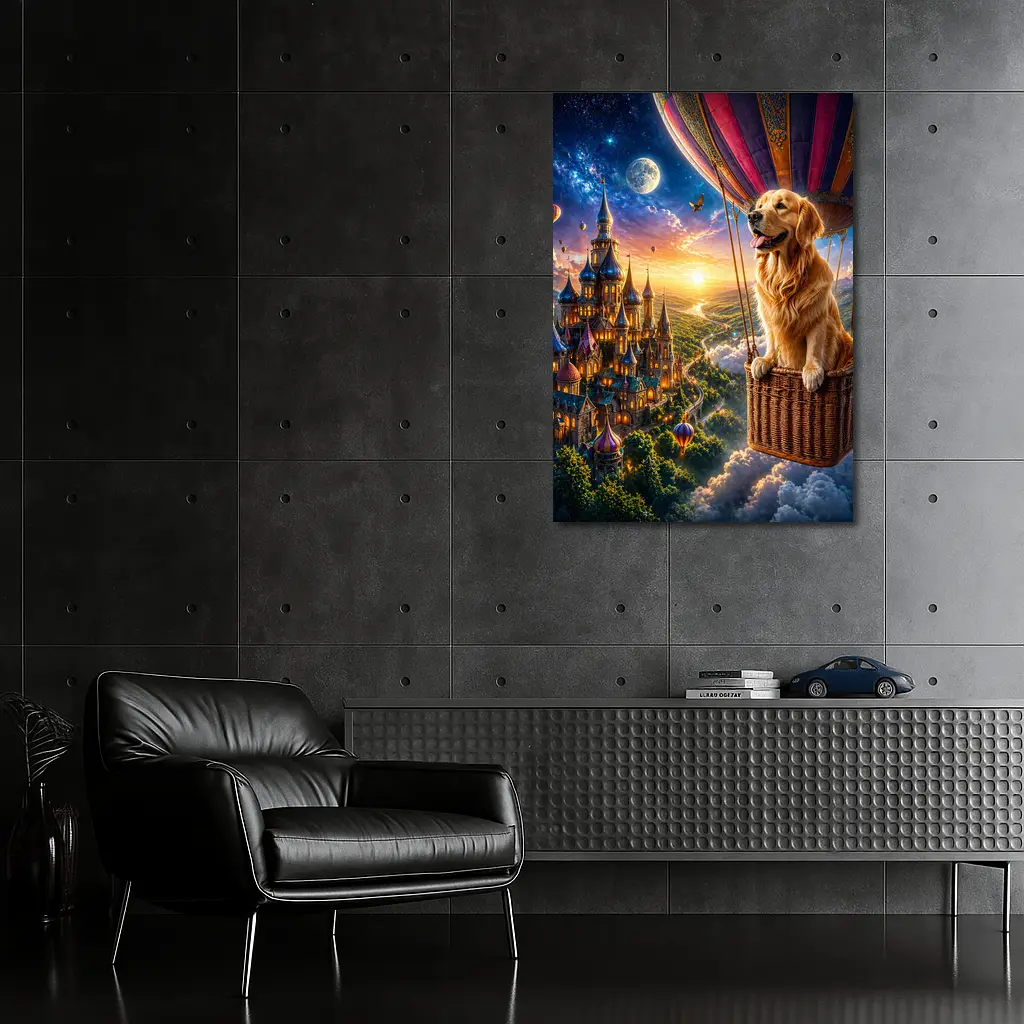Golden Retriever Hot Air Balloon Fantasy Castle – Wall Art