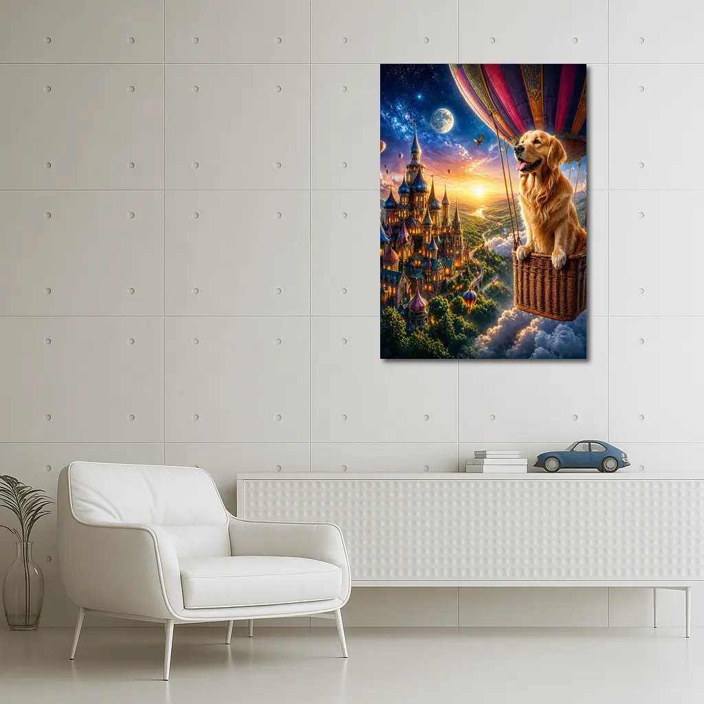 Golden Retriever Hot Air Balloon Fantasy Castle – Wall Art