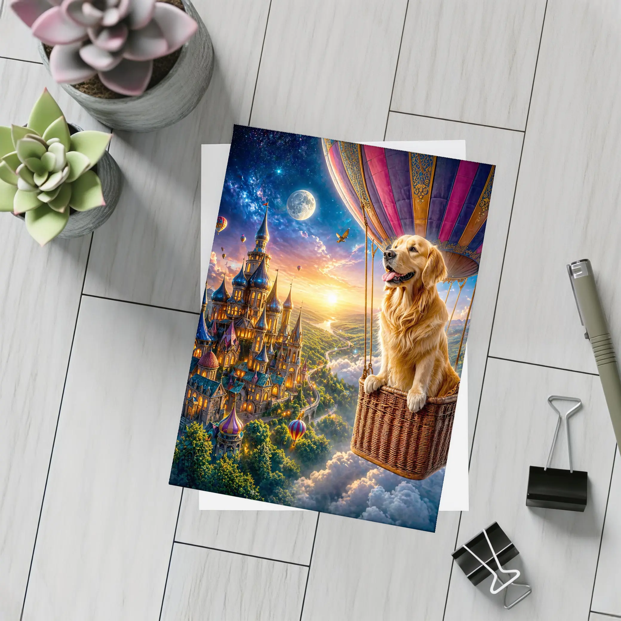 Golden Retriever Hot Air Balloon Fantasy Castle – Postcards