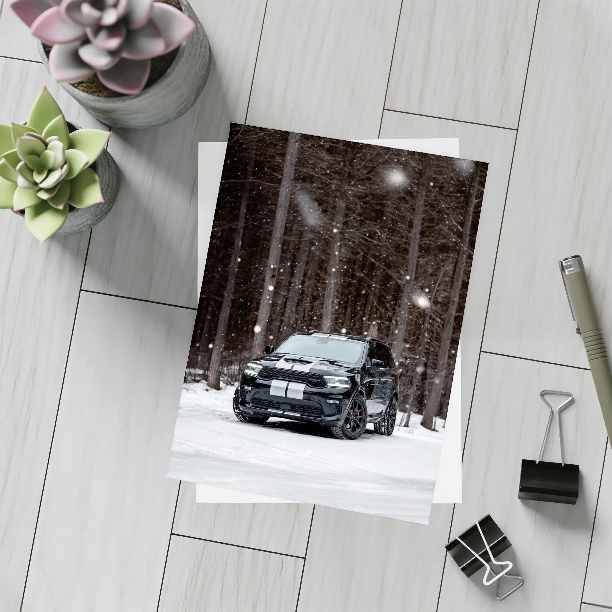 Dodge Durango Black SUV Snowy Forest – Postcards