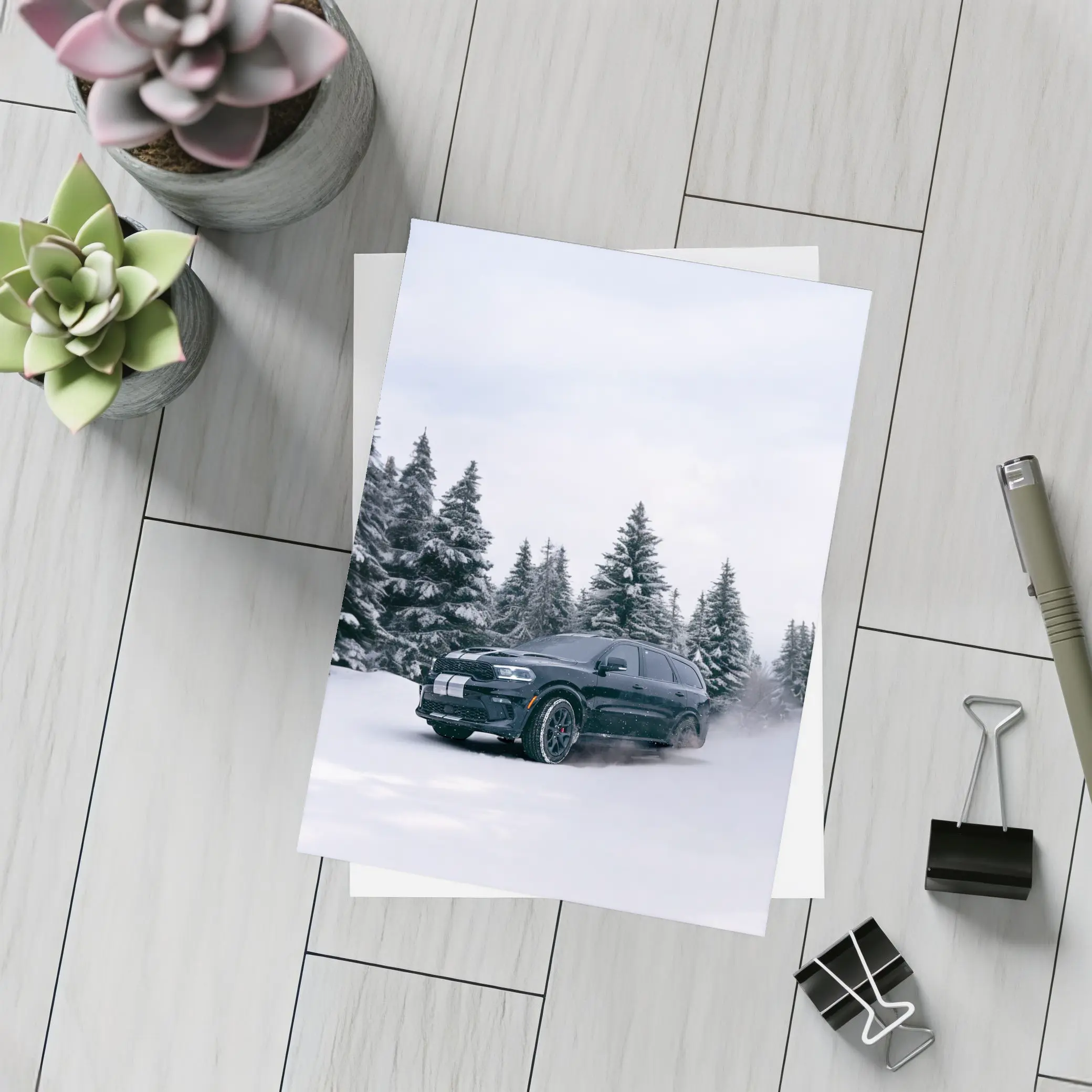 Dodge Durango Black SUV Snowy Forest – Postcards