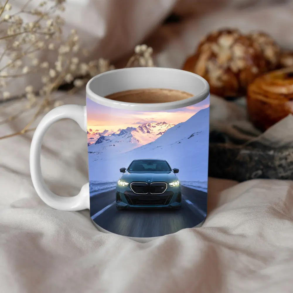 BMW i5 M60 Driving Snowy Mountain Road – Mugs