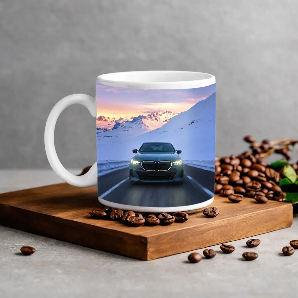 BMW i5 M60 Driving Snowy Mountain Road – Mugs