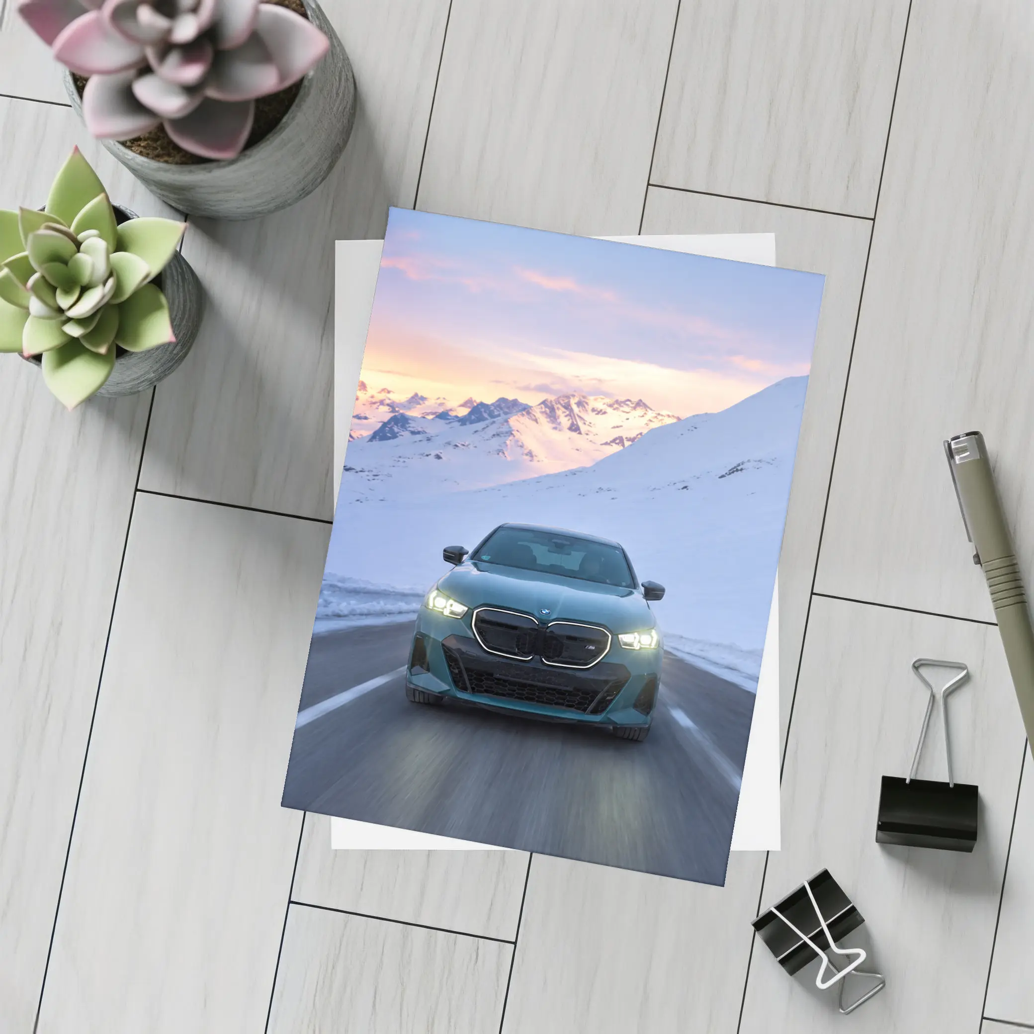 BMW i5 M60 Driving Snowy Mountain Road – Postcards