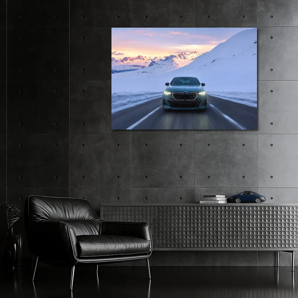 BMW i5 M60 Driving Snowy Mountain Road – Wall Art