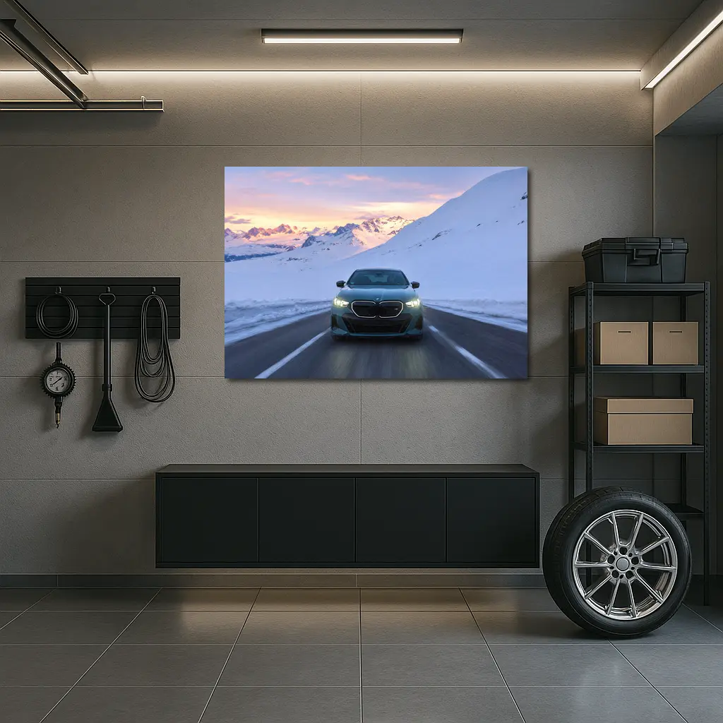 BMW i5 M60 Driving Snowy Mountain Road – Wall Art