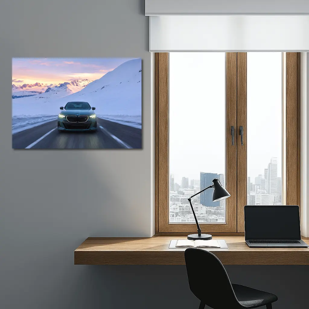 BMW i5 M60 Driving Snowy Mountain Road – Wall Art