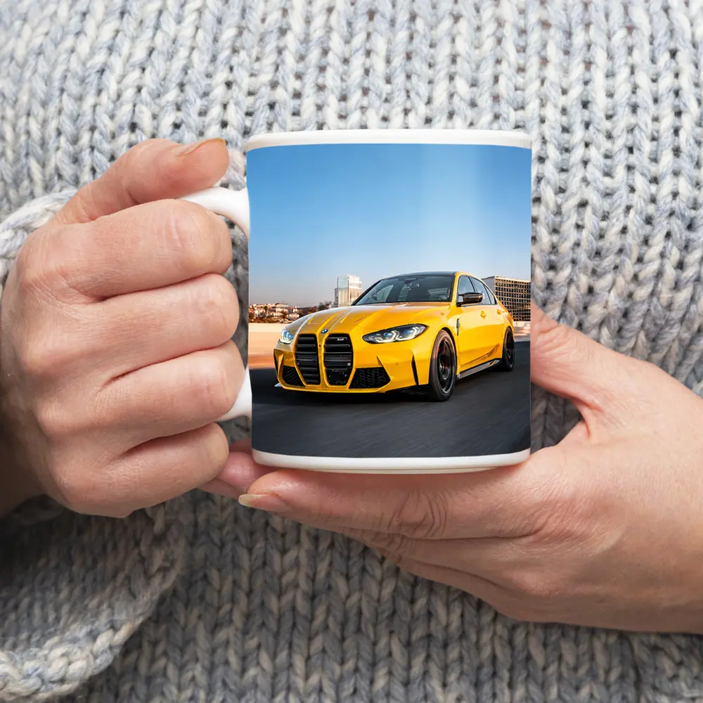 Yellow BMW M3 Speeding Through City Streets – Mugs