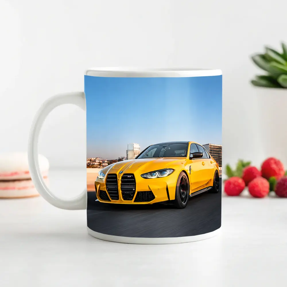 Yellow BMW M3 Speeding Through City Streets – Mugs