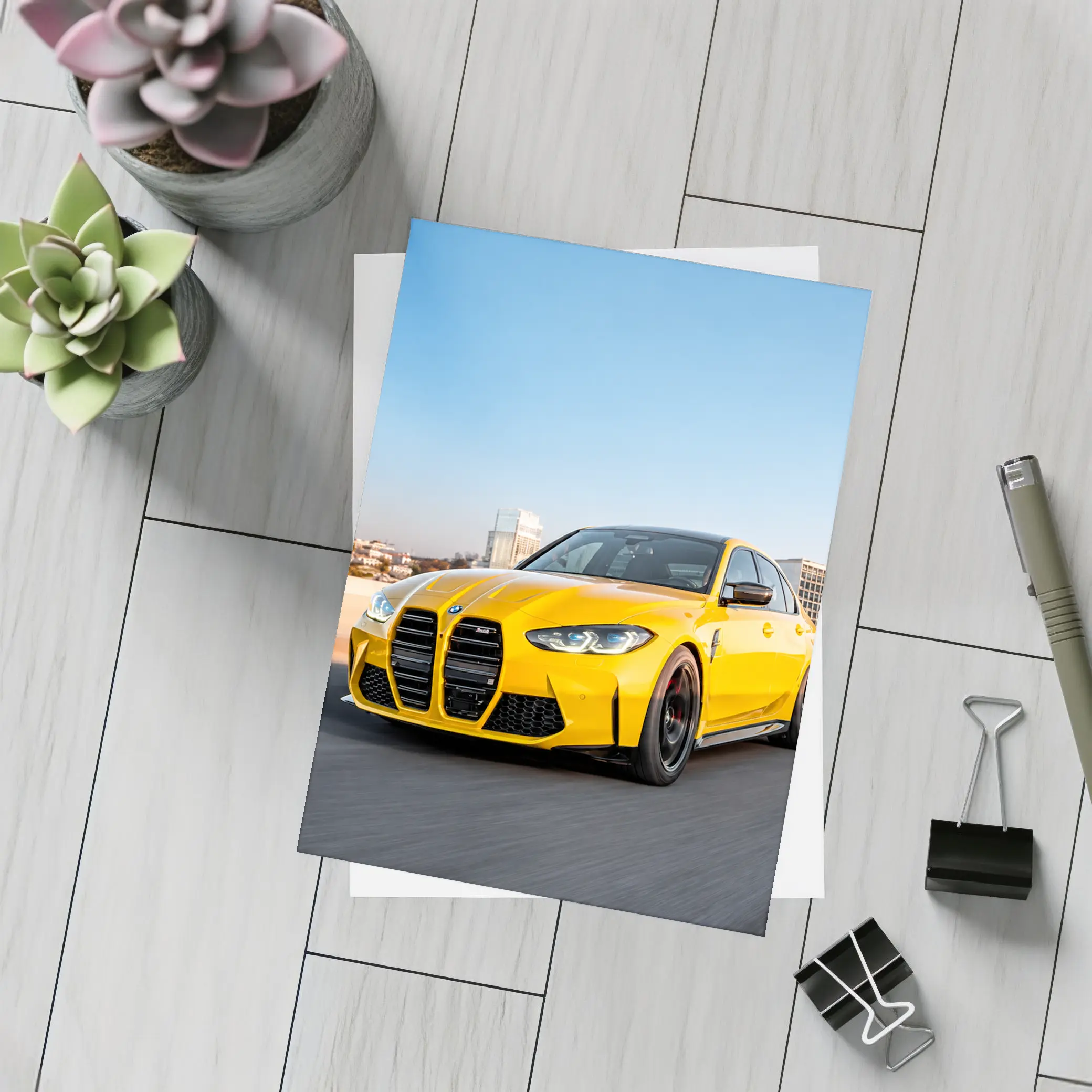 Yellow BMW M3 Speeding Through City Streets – Postcards