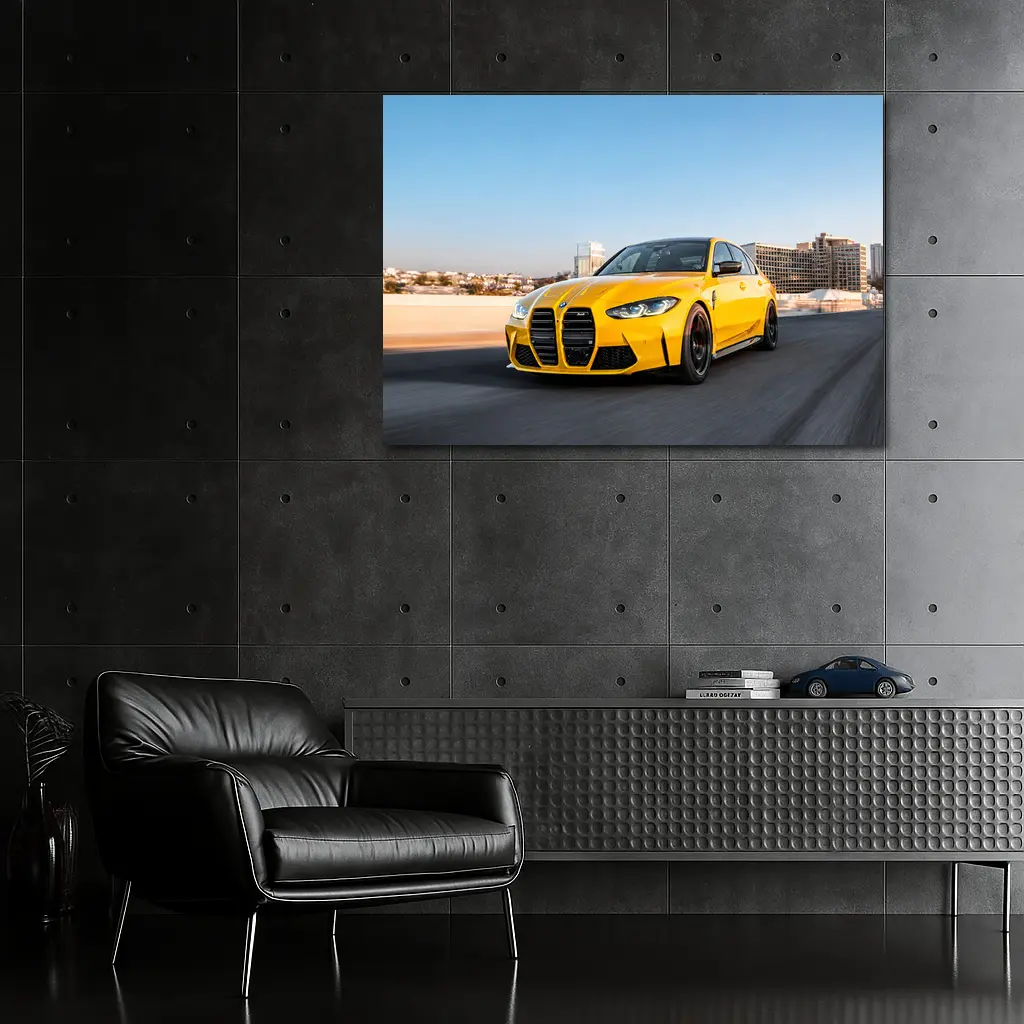 Yellow BMW M3 Speeding Through City Streets – Wall Art