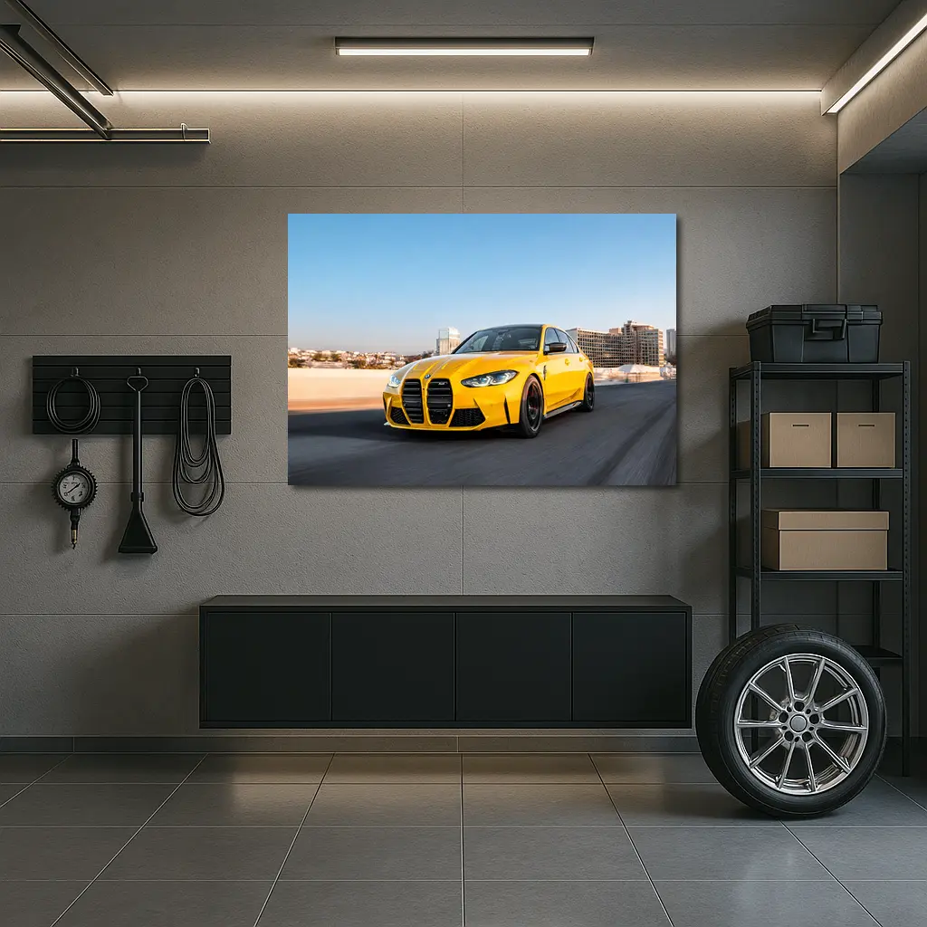 Yellow BMW M3 Speeding Through City Streets – Wall Art