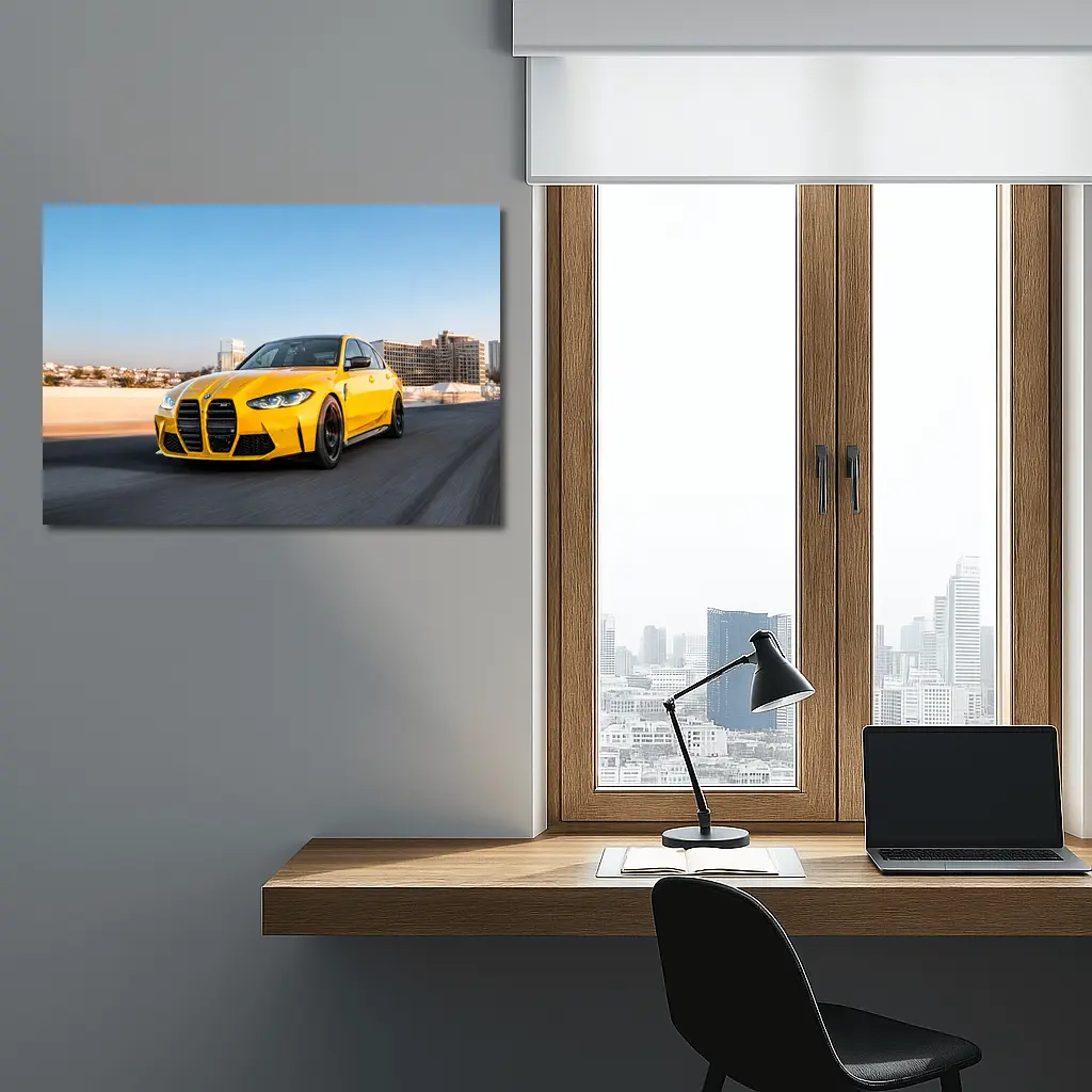 Yellow BMW M3 Speeding Through City Streets – Wall Art