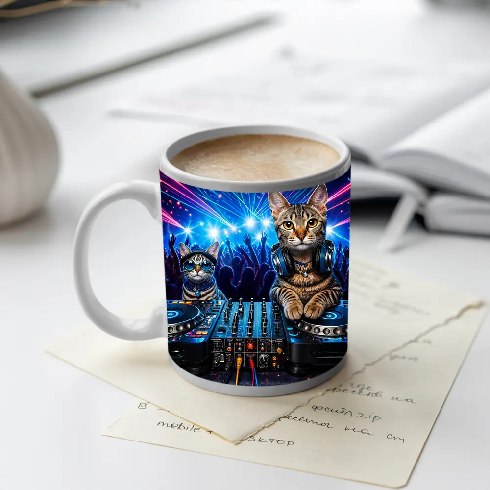 Egyptian Mau Cats DJing Neon Club Night – Mugs