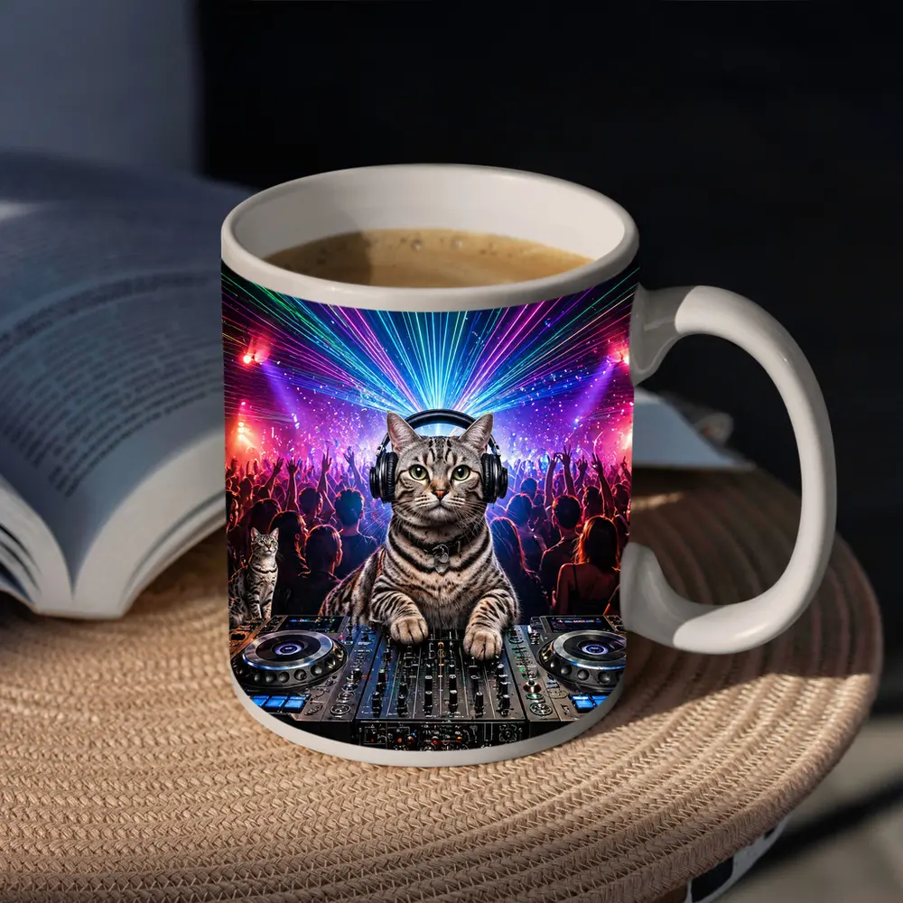 Egyptian Mau Cat DJ Neon Dance Party – Mugs