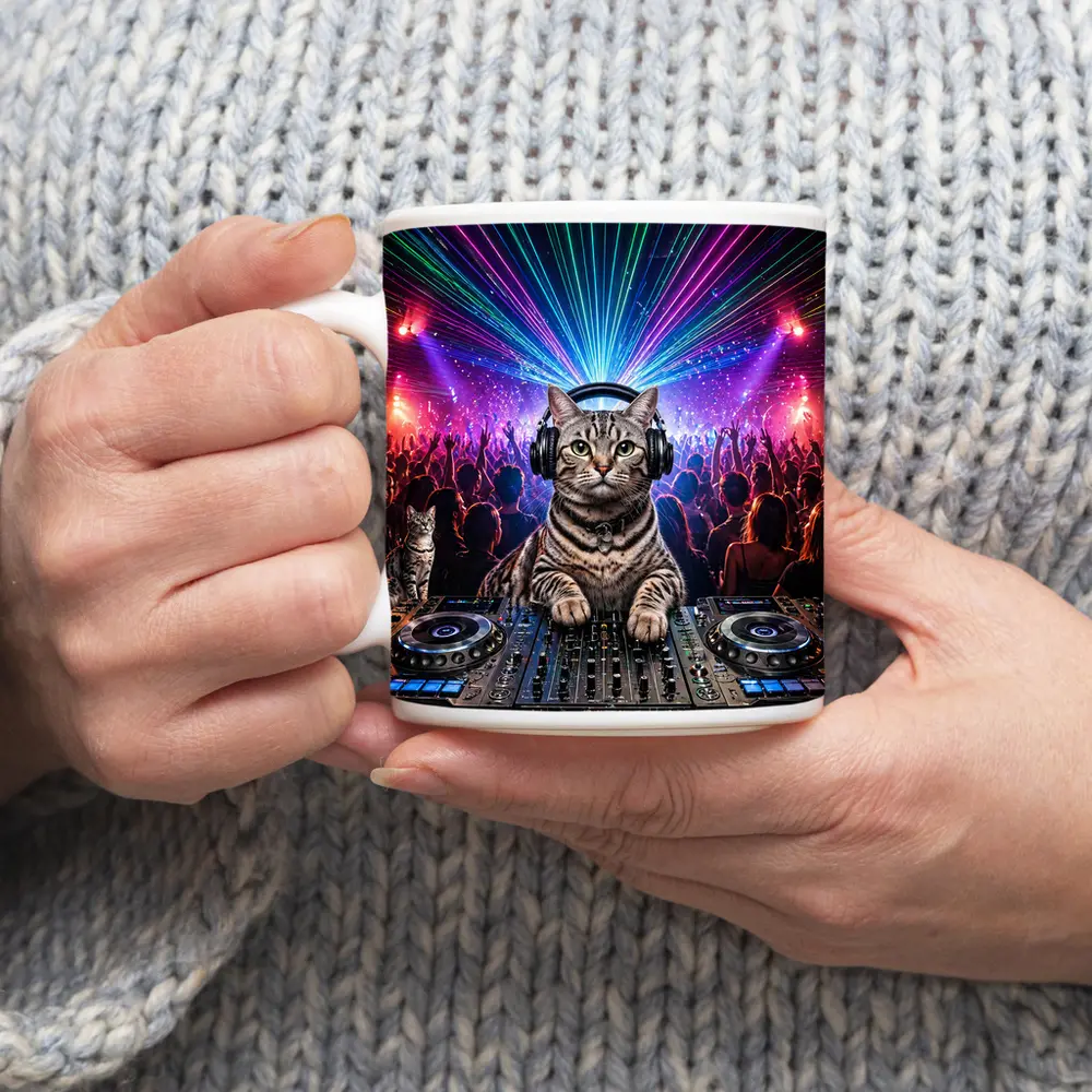Egyptian Mau Cat DJ Neon Dance Party – Mugs