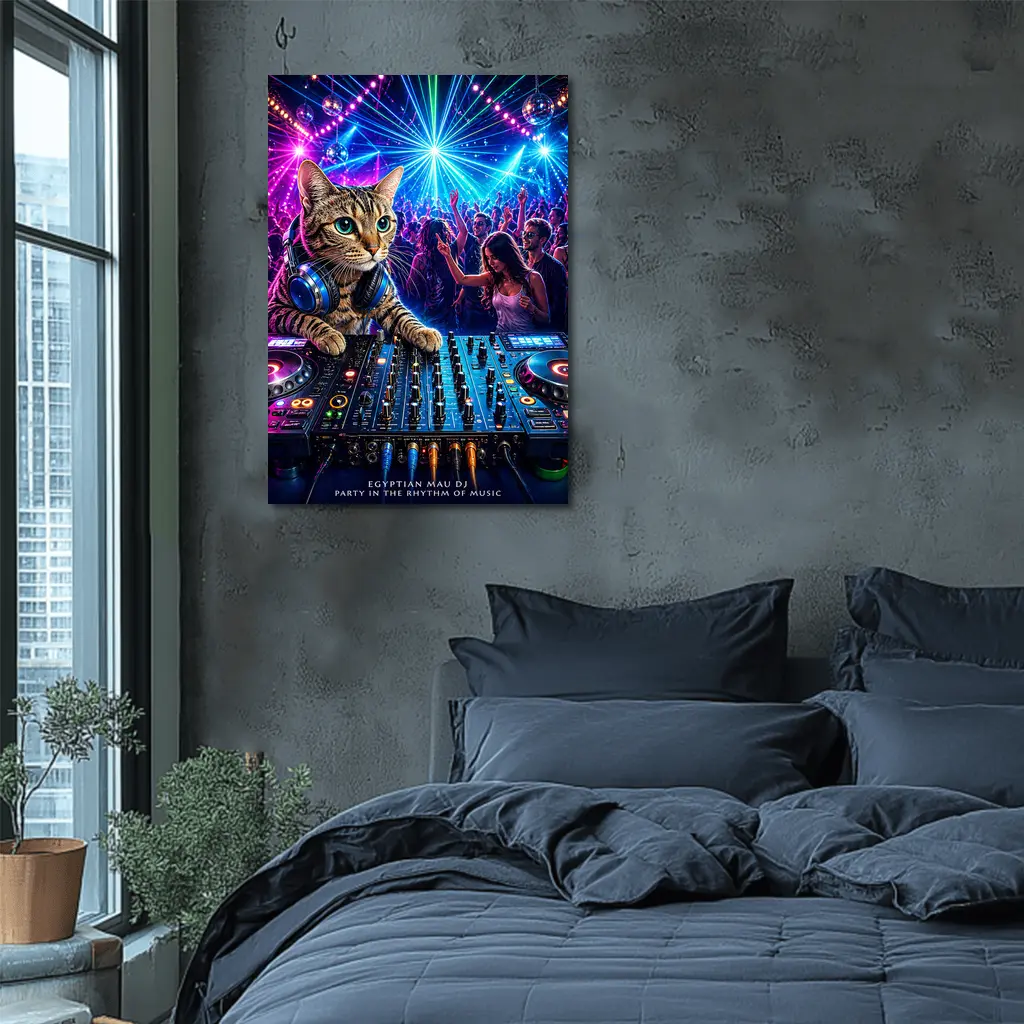 Egyptian Mau DJ Cat Neon Club Party – Wall Art