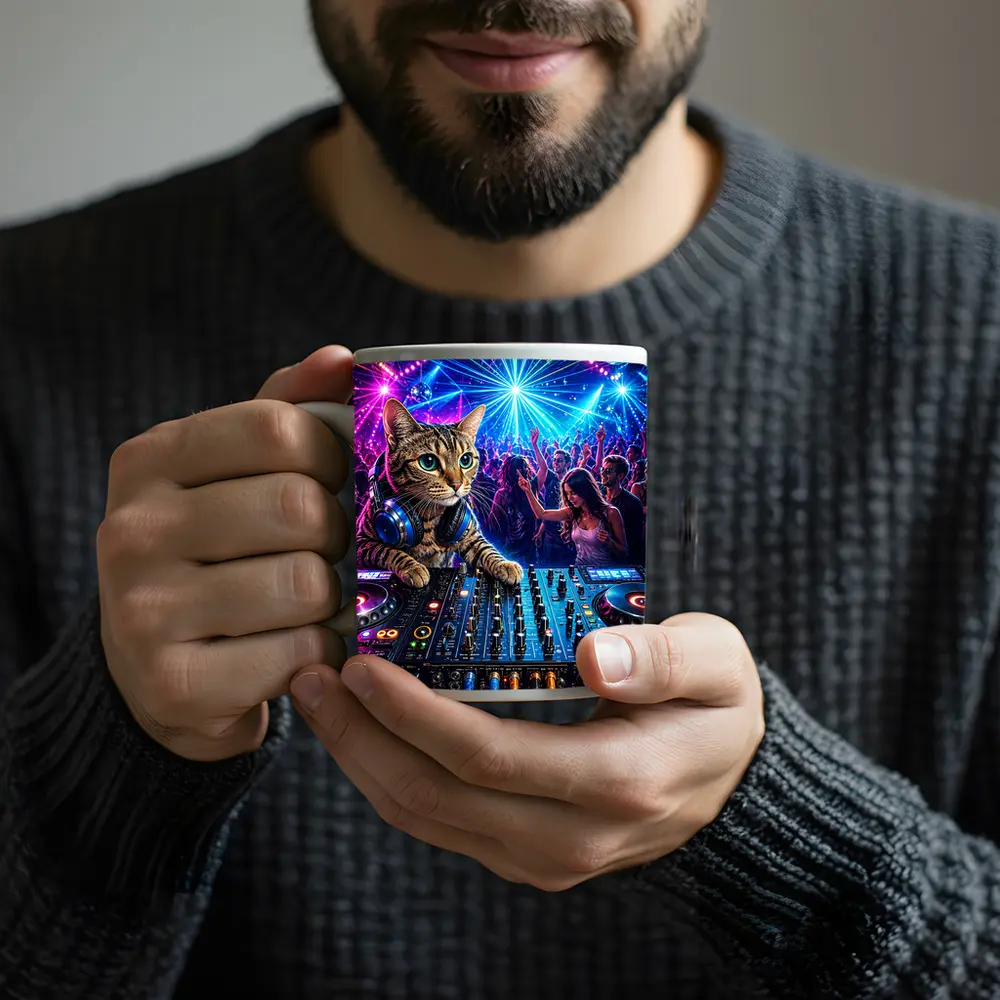 Egyptian Mau DJ Cat Neon Club Party – Mugs