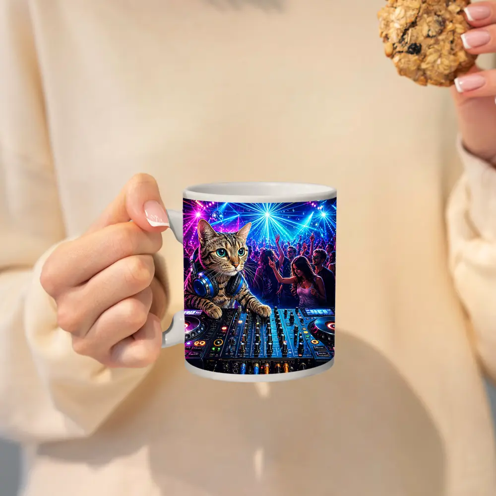 Egyptian Mau DJ Cat Neon Club Party – Mugs