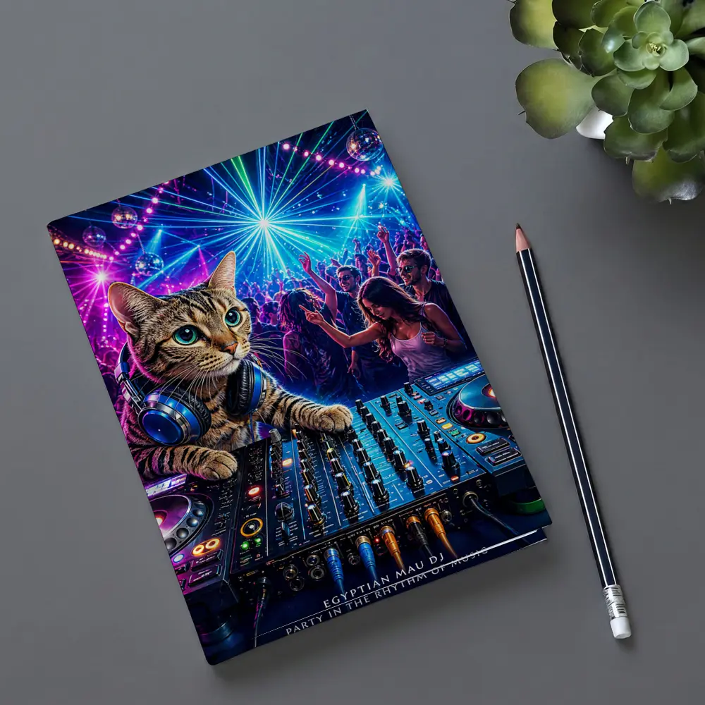 Egyptian Mau DJ Cat Neon Club Party – Notebooks