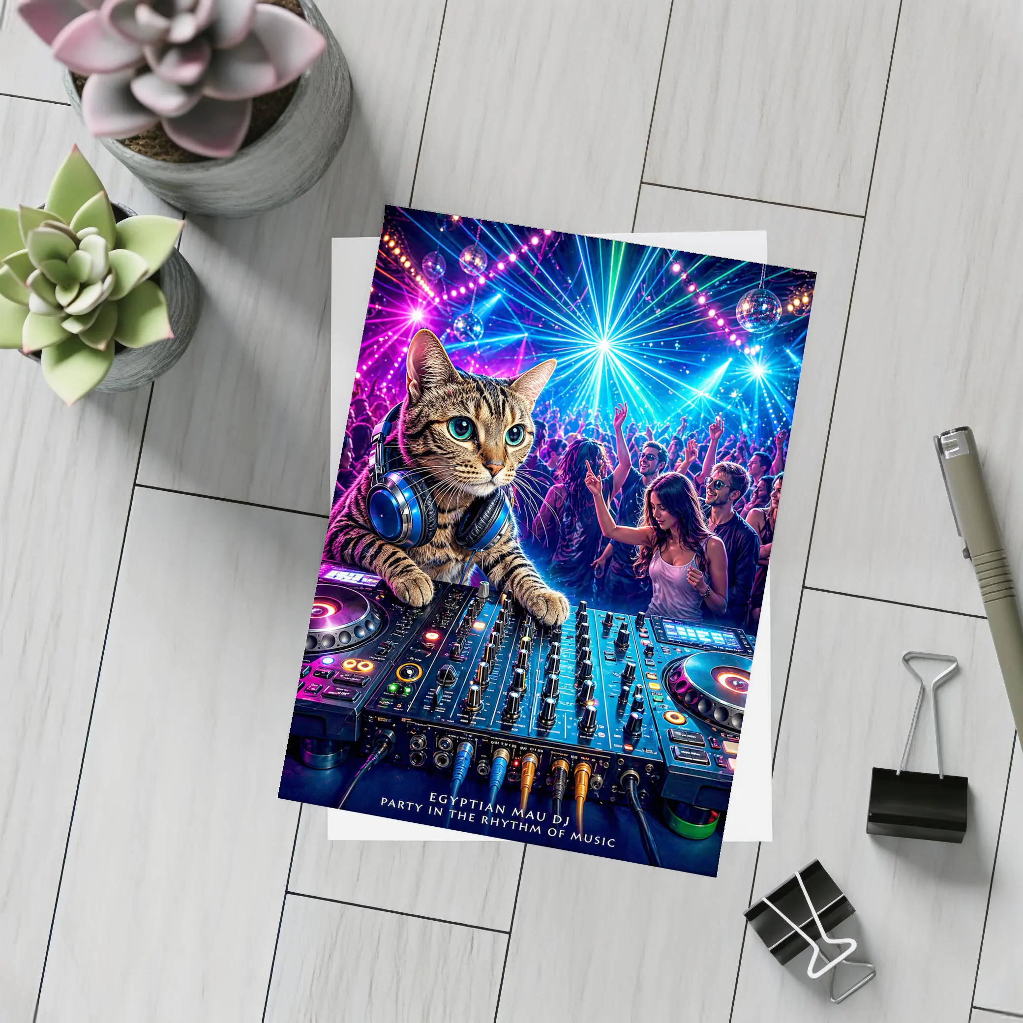 Egyptian Mau DJ Cat Neon Club Party – Postcards