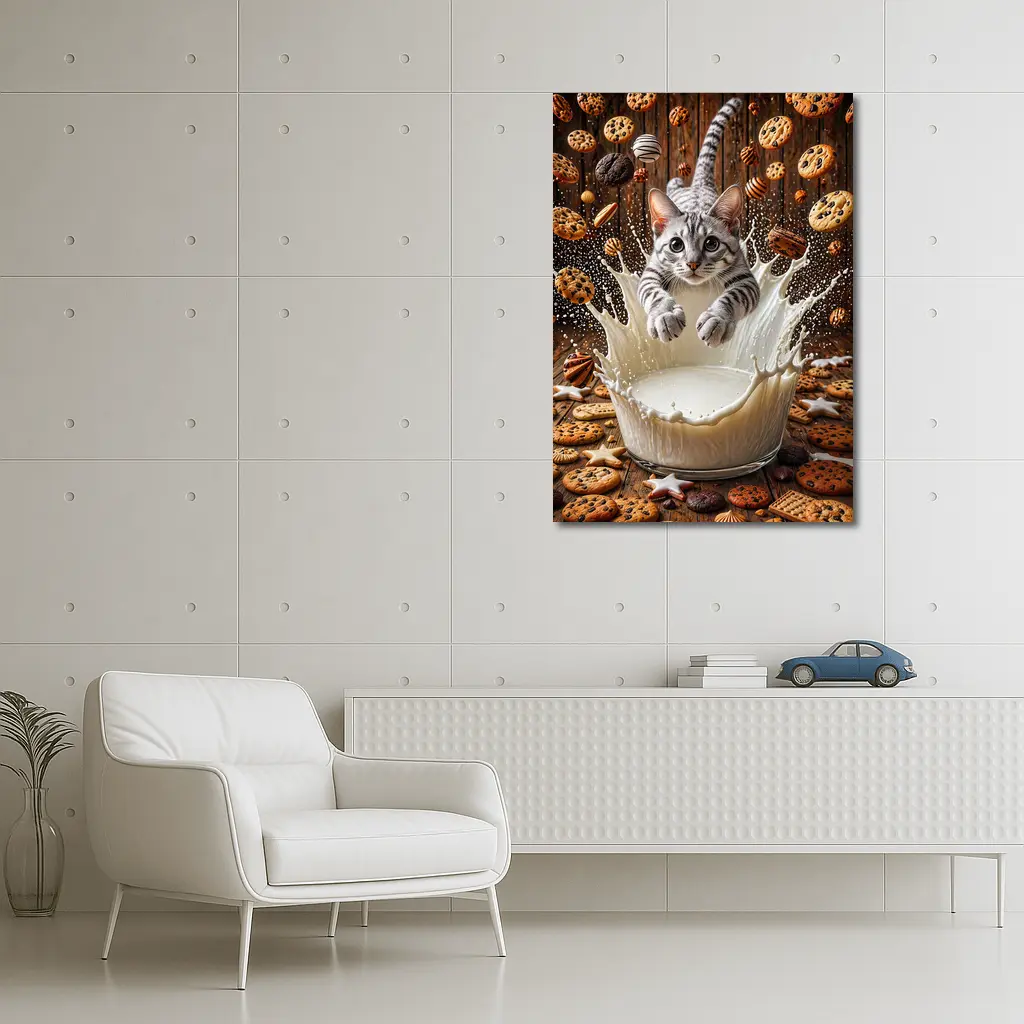 Egyptian Mau Cat Diving Into Milk Cookies – Wall Art